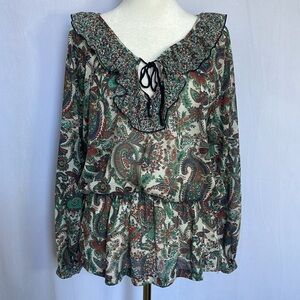Mango Bohemian Sheer 3/4 Sleeve Paisley Print Tie-neck Blouse Top Size S V Neck